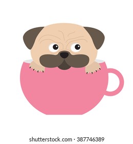 Pug dog mops paw sitting in big pink cup. Cute cartoon character. Flat design. Isolated. White background. Vector illustration