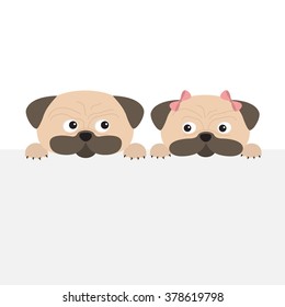 Pug dog mops set. Boy and girl. Cute cartoon character. Flat design. Isolated. White background. Vector illustration