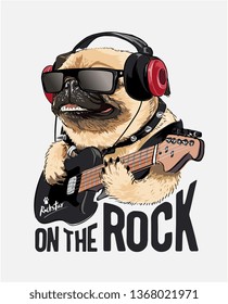 cachorro pug no fone de ouvido tocando ilustração de guitarra