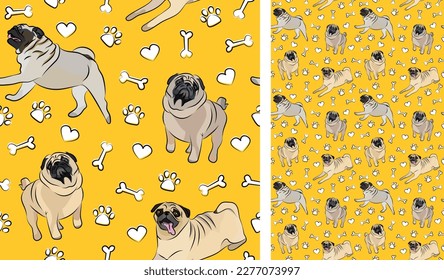 Pug dog on a playful yellow background with bones and paws. Funky, colorful vibe, vibrant palette. Simple, clean, modern texture. Summer seamless pattern with dogs. Birthday present. Valentine, love.
