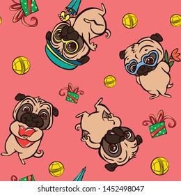 Pug dog pattern. Cartoon illustration of pug dog vector pattern for web design