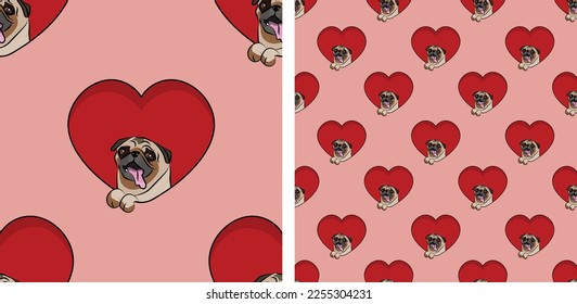 Pug dog with paws pattern, Valentine's day heart wallpaper. Love heart with pet head holiday texture. Mops Dog face Holding Heart Cartoon square background. St Valentine's day creative present paper.