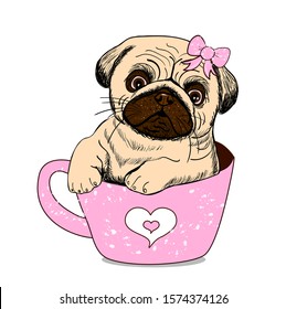 Pug dog with pink cup. Pug in a mug. Wall stickers