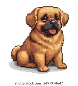 Pug dog pixel art. Mops breed cute puppy, 8 bit pixel style. Video game retro pixelated dog funny cartoon mascot, friendly dog avatar. Playful meme character. Isolated vector illustration.