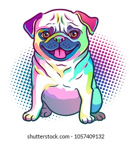 Pug dog pop art style illustration in bright neon rainbow colors, with halftone dot background, isolated on white. Dogs, pets, animal lovers theme design element.