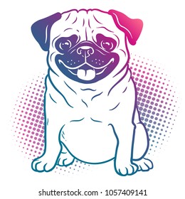 Pug dog pop art style illustration in bright neon rainbow colors, with halftone dot background, isolated on white. Dogs, pets, animal lovers theme design element.