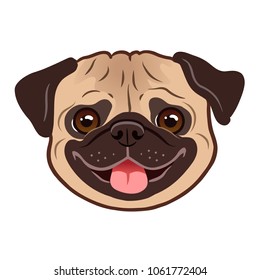 Pug dog portrait cartoon illustration. Cute friendly fat chubby fawn pug puppy face, smiling with tongue out. Pets, dog lovers, animal themed design element isolated on white.