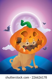 pug dog with pumpkin at the moon