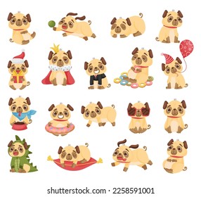 Pug dog puppies characters set. Adorable cute beige puppy pet animal in funny costumes set cartoon vector