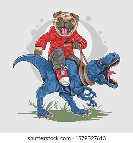 PUG DOG PUPPY CUTE RIDING T REX DINOSAUR WILD ARTWORK VECTOR