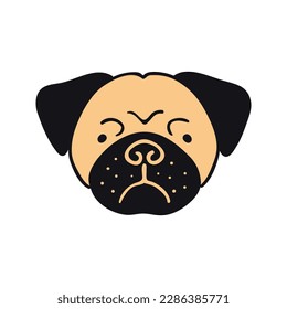 Pug dog, puppy face cute funny cartoon character illustration. Hand drawn vector, isolated. Line art. Domestic animal logo. Design concept pet food, branding, business, vet, print, poster