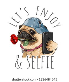 pug dog with rose taking selfie illustration