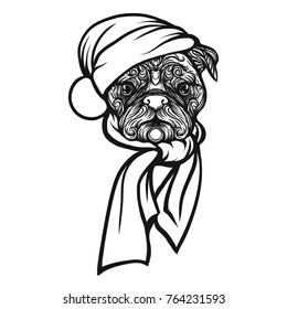 Pug dog in a Santa Claus hat. Stock vector illustration.