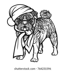  Pug dog in a Santa Claus hat. Stock vector illustration.