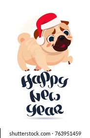 Pug Dog In Santa Hat On Happy New Year Greeting Card Holiday Banner Flat Vector Illustration