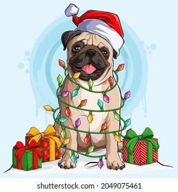 Pug dog in Santa hat sitting and surrounded by Christmas tree lights and gifts on his sides