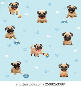 Pug dog, seamless fabric pattern