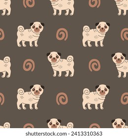 Patrón sin fisuras del perro de pug. El fondo moderno dibujado a mano con un lindo cachorro y forma abstracta. Ilustración vectorial repetida para reproductores, mascotas, tejidos, papel tapizado