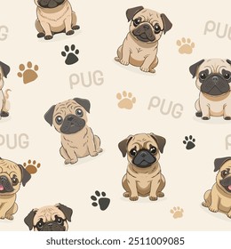 Pug cão sem emenda padrão vetor fundo