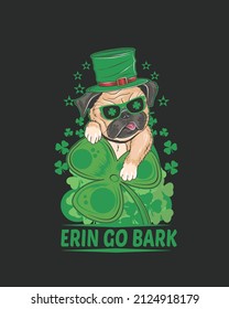 Pug Dog Shamrock Erin Go Bark Patrick day Vector illustration. St patrick day background. Shamrock background