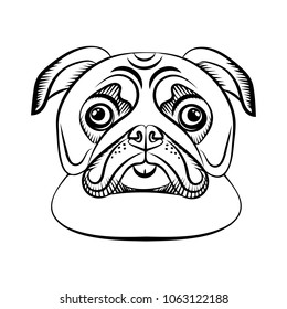   Pug Dog, shows the tongue. Linear pattern, icon. Black white. Vector illustration.