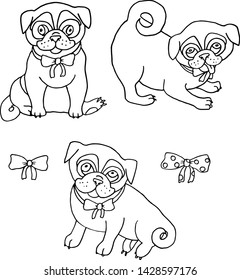 Pug dog silhouette playing black outline with decorative elements, funny dogs cartoon coloring for kids vector