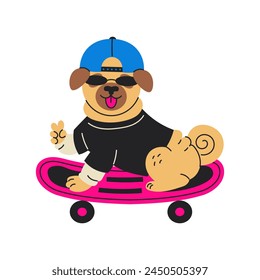 Pug dog skateboard 90s vector illustration. Funny cool cartoon puppy in vintage cap and fashion clothes shows tongue and peace gesture