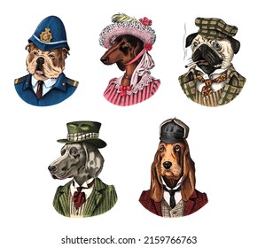 Pug Dog dog smokes cigar in suit. English Bulldog policeman. Herding and Bloodhound and German Shorthaired Pointer and Dachshund. Fashion Animal character in clothes. Engraved Hand drawn sketch.