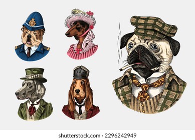 Pug Dog dog smokes cigar in suit. English Bulldog policeman. Herding and Bloodhound and German Shorthaired Pointer and Dachshund. Fashion Animal character in clothes. Engraved Hand drawn sketch.