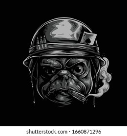 pug dog soldier wearing helmet and smoking cigar