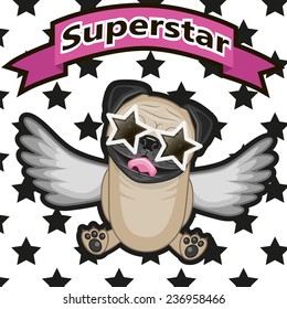 Pug Dog with star glasses on the background of stars 