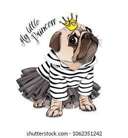 Pug Dog in a striped cardigan, in a black tutu skirt and with a gold princess crown. Vector illustration.
