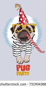 Pug Dog in a striped cardigan, in a red party cap, yellow glasses and with a funny party  whistle blowing. Vector illustration.