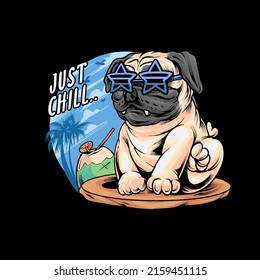 Pug Dog Summer chill Holiday with surf and swim premium vector