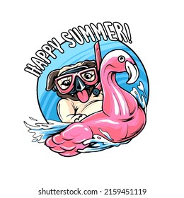 Pug Dog Summer chill Holiday with surf and swim premium vector