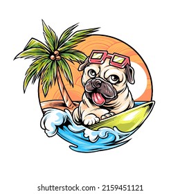 Pug Dog Verano frío vacaciones con surf y nado vector premium