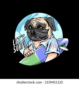 Pug Dog Summer chill Holiday with surf and swim premium vector