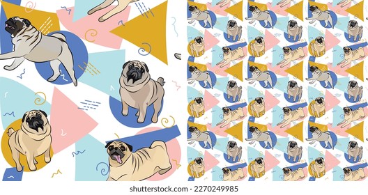 Pug dog summer pastel wallpaper. Holiday abstract circles, squares, spirals, confetti. seamless background, repeatable pattern. Birthday wallpaper, Christmas present, print tiles. Geometric style.