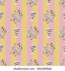 Pug Dog Tutu Party Hat Vertical Stripes seamless pattern. Vector Illustration. Great for birthday, party, gift wrapping, wallpaper, textile and scrapbook 