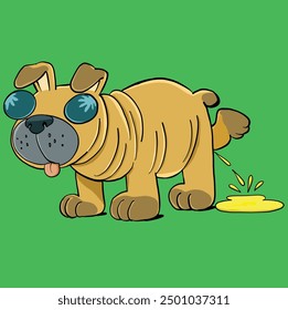 pug dog urinates contentedly while walking