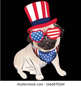 Pug Dog USA Flag.Vector.America.T-shirt design, Poster, Badge, Banner, Emblem, Logo - Stock Illustration.