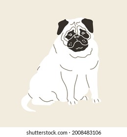 Pug dog. Vector illustration. Flat style. Isolated on light background. Fanny animals, doglover, breads, home pats, four-legged friend. Design for pins, stickers, zoo, pet shop.