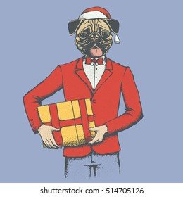 Pug dog vector illustration. Pug dog in human suit with santa hat