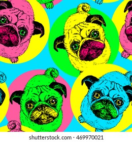 Pug dog - vector seamless pattern. Background with cute puppies in sitting pose, bright colored design