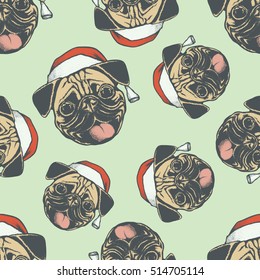 Pug dog vector seamless pattern illustration. Pug dog head isolated