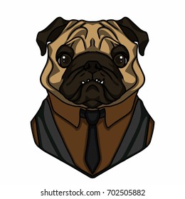 Pug  dog vector in vest gentleman sticker logo tie brown