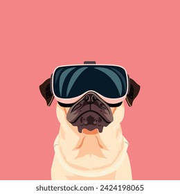  Pug dog in VR glasses. Solid pink background