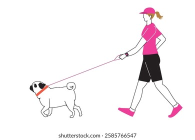 Pug, dog walking, simple illustration of a woman walking Flat design with main lines.