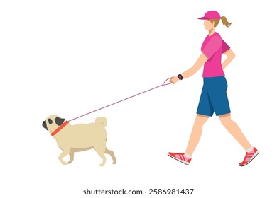 Pug, dog walking, simple illustration of a walking Caucasian woman Flat design