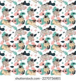 Pug dog wallpaper with leaves, palms, flowers, plants. Pastel green, pink, navy. Holiday abstract natural shapes. Seamless floral background with dogs, repeatable pattern. Birthday wallpaper graphic. 